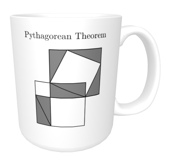 Mug with a picture of the Pythagorean theorem, but this time with some triangles sprinkled around to hint at the proof.